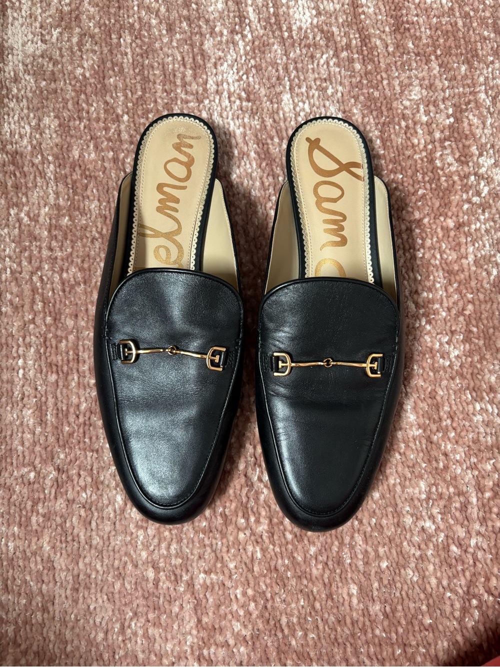 Sam Edelman Black Leather Backless Mules with Gold Hardware